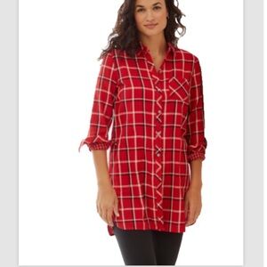 J. Jill Red Plaid Button Front Tunic Shirt L Cotton Long Sleeve Oversized